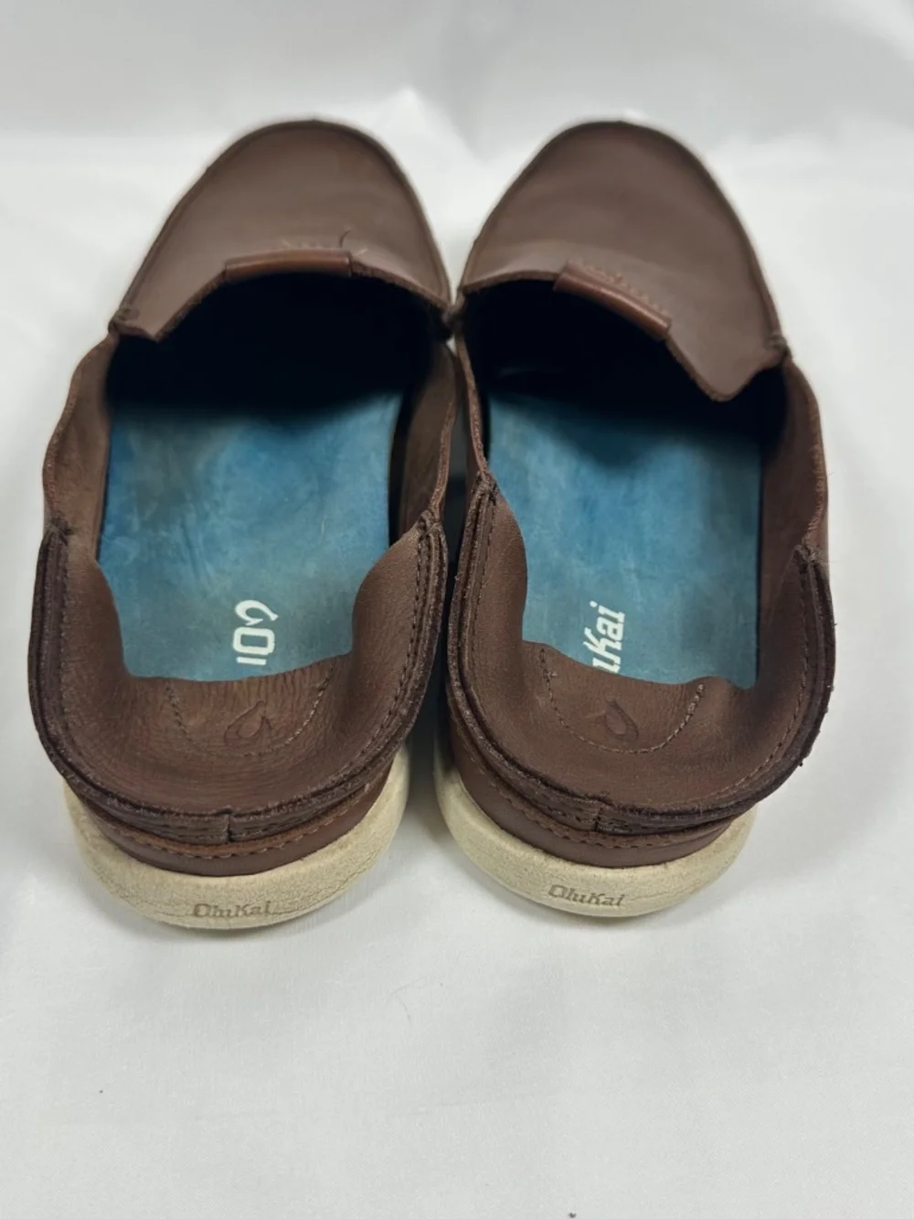 OluKai Nalukai-SA20, Men's Shoes, Brown, Size 9.5, Leather Upper, Folding Heel